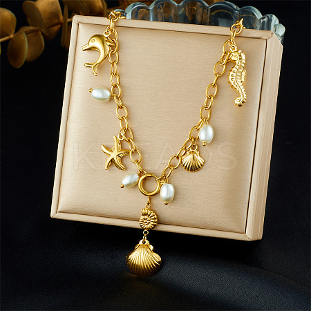 Ocean 304 Stainless Steel & Plastic Pearl Dolphin Starfish Shell Shape Pendant Necklaces for Women NJEW-G180-02G-1