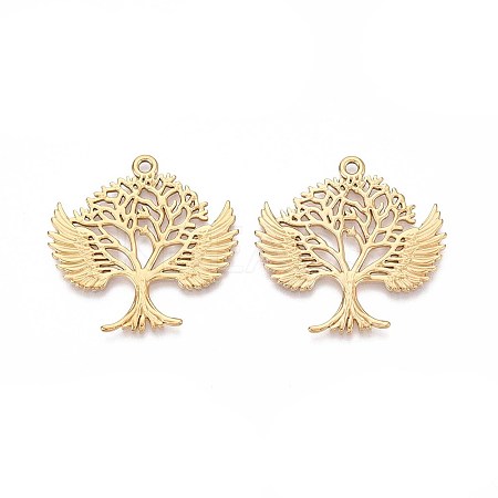 304 Stainless Steel Hollow Tree of Life with Angel Wings Pendants STAS-T067-39G-1
