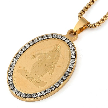 201 Stainless Steel Crystal Rhinestone Religion Virgin Mary Oval Pendant Box Chain Necklaces NJEW-D089-04G-1