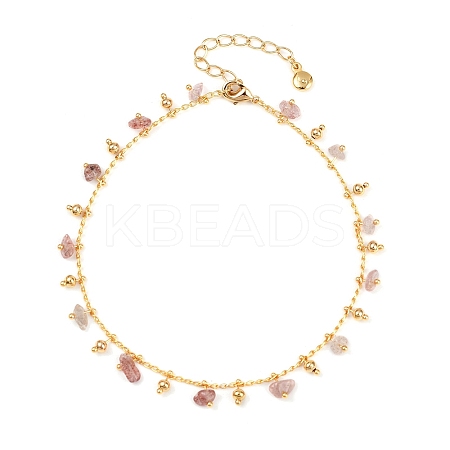 Bohemian Brass Twisted Chain Natural Rose Quartz Chip Tassel Anklets LS-AJEW-Z046-06G-1