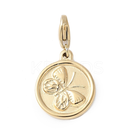 304 Stainless Steel Rhinestone Flat Round with Butterfly Pendant Decoration STAS-S165-25G-1