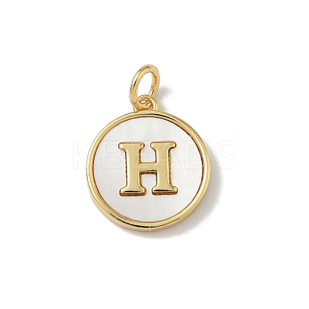 Brass Pave Natural Shell Flat Round with Letter Charms KK-Z115-13G-H-1