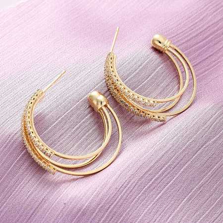 Triple C-Shaped Brass Micro Pave Clear Cubic Zirconia Stud Earrings EJEW-R025-29G-1