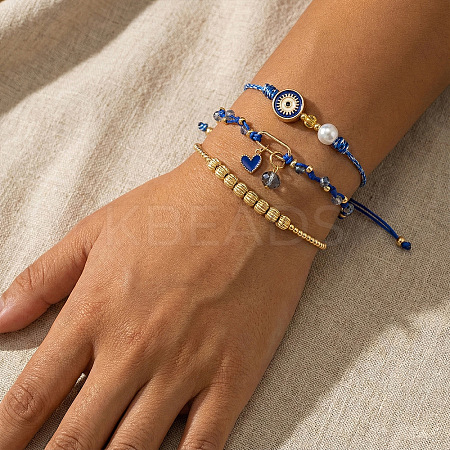 3Pcs 3 Styles Brass & Glass Beads Charm Bracelet Set EY6397-1-1