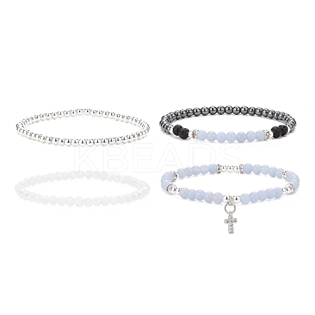 4Pcs 4 Style Natural Angelite & Lava Rock & Opalite Round Beaded Stretch Bracelets Set BJEW-JB09083-1