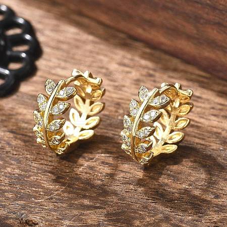 Clear Cubic Zirconia Leaf Hoop Earrings LS-EJEW-B013-01-1