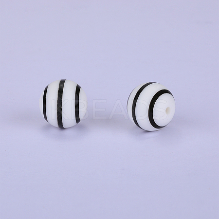 Printed Round with Stripe Pattern Silicone Focal Beads SI-JX0056A-139-1