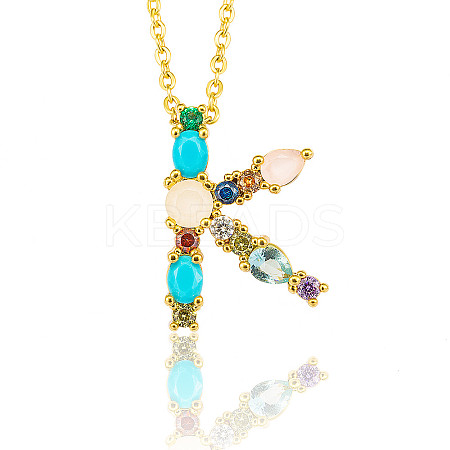 Golden Brass Micro Pave Cubic Zirconia Initial Pendants Necklaces NJEW-S069-JN002-K-1