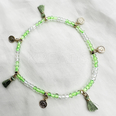 Bohemian Style Alloy Coin Charm Tassel Plastic Seed Beaded Stretch Anklets FS-WGB8A48-15-1