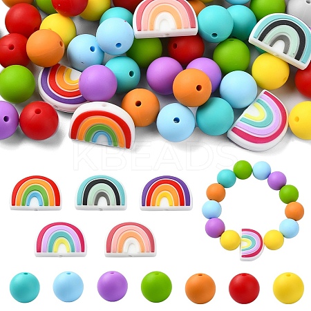 75Pcs Round/Rainbow Silicone Focal Beads SIL-YW0001-38-1