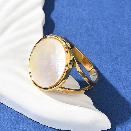 Flat Round 304 Stainless Steel White Shell Cuff Rings for Women RJEW-G346-02G-02-1