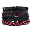 4Pcs 4 Styles Wood Beads Stretch Braceletas & Alloy Artificial Leather Cord Bracelet Sets for Men FS-WG9743B-06-1