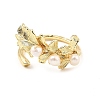 Brass Leaf Open Cuff Ring with Natural Pearl Beaded for Women RJEW-K090-02G-2