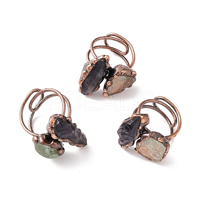 Natural Amethyst & Green Quartz Irregular Nugget Open Cuff Ring RJEW-I082-04R-1