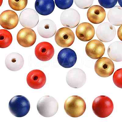 160 Pcs 4 Colors 4 July American Independence Day Painted Natural Wood Round Beads WOOD-LS0001-01A-1