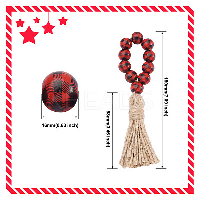 8Pcs 2 Colors Tartan Pattern Wood Beads & Jute Tassel Napkin Rings AJEW-CF0001-06-1