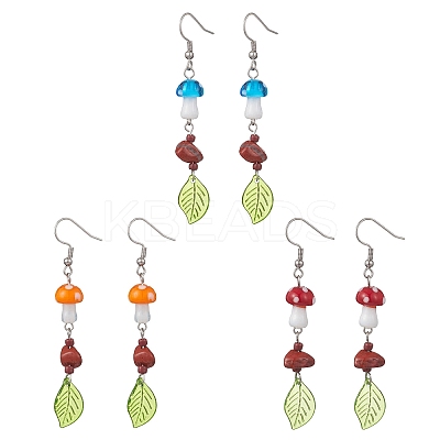 3 Pairs Lampwork Mushroom Dangle Earrings EJEW-JE06714-1