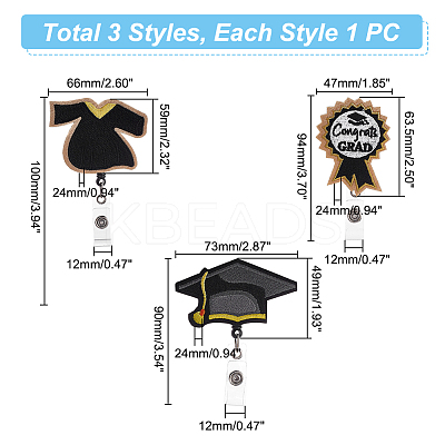 3Pcs 3 Style Graduation Theme Felt Plastic Retractable Badge Reel JEWB-UN0001-02-1