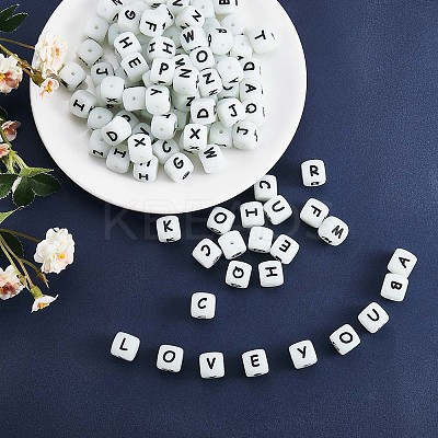 20Pcs Luminous Cube Letter Silicone Beads 12x12x12mm Square Dice Alphabet Beads with 2mm Hole Spacer Loose Letter Beads for Bracelet Necklace Jewelry Making JX437V-1