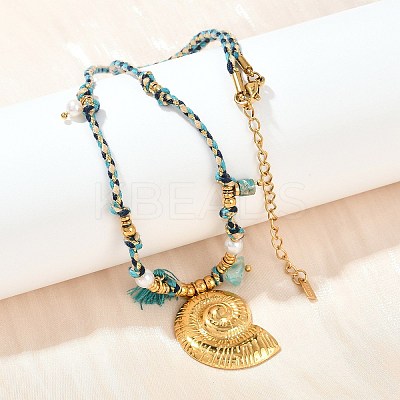 304 Stainless Steel Shell Shape Pendant Cotton Cord Necklaces NJEW-C093-05B-G-1