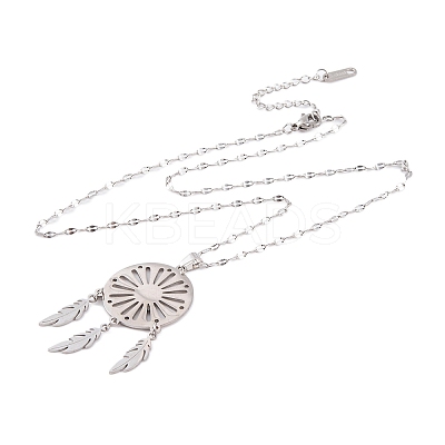 Non-Tarnish Woven Net/Web with Feather 201 Stainless Steel Boho Pendant Necklaces for Women NJEW-G087-05P-1