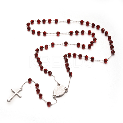 Cross 304 Stainless Steel Rosary Beaded Necklaces X-NJEW-L414-37B-1