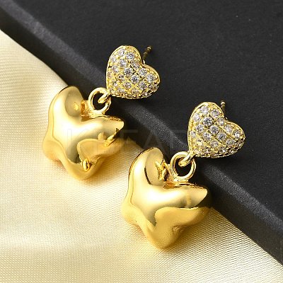Heart with Butterfly Brass Micro Pave Clear Cubic Zirconia Dangle Stud Earrings EJEW-Z099-01G-1