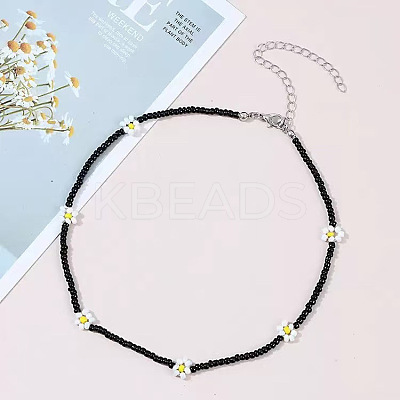 Bohemian Daisy Flower Glass Seed Beaded Necklaces with Alloy End Chains FS-WGC49A6-08-1
