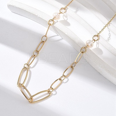 304 Stainless Steel & Glass Pearl Oval Link Chain Necklaces for Women NJEW-A045-04G-1-1