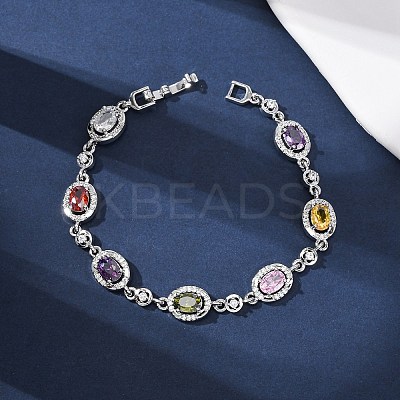 Oval Brass Micro Pave Cubic Zirconia Link Chain Bracelets for Women BJEW-D387-04P-06-1