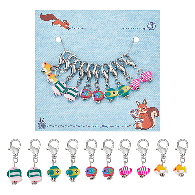10Pcs 5 Style Ocean Fish Handmade Polymer Clay Pendant Stitch Markers HJEW-NB00033-1