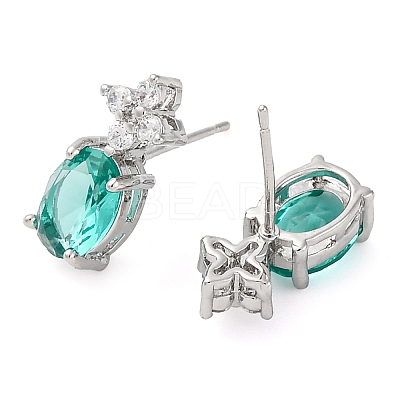 Brass Pave Cubic Zirconia Flower & Oval Stud Earrings for Women EJEW-I304-26P-1