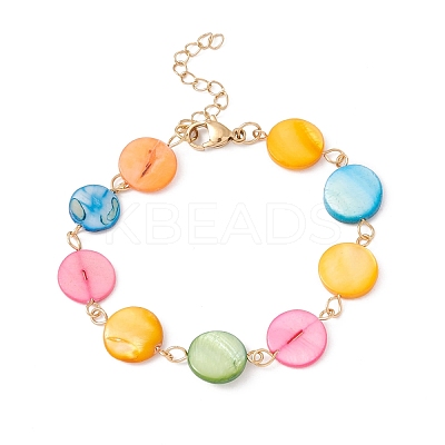 Natural Shell Flat Round Link Chain Bracelet BJEW-C015-17G-1