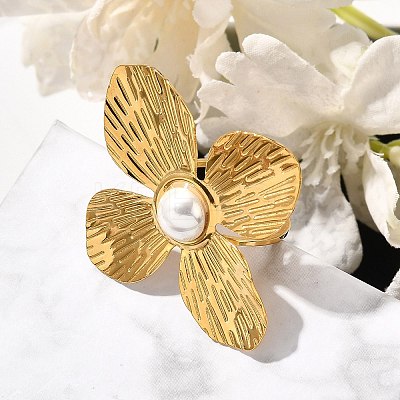 Flower Stainless Steel Open Cuff Ring for Women RJEW-R006-02G-1