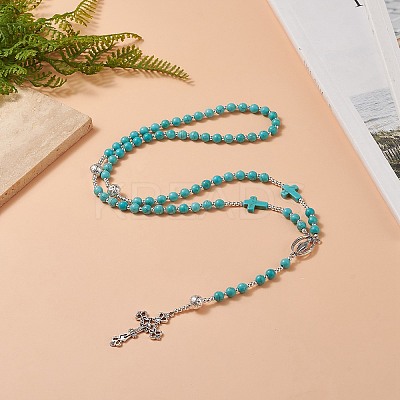 Natural Lava Rock & Synthetic Turquoise Rosary Bead Necklace NJEW-JN04237-01-1