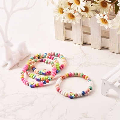 Natural Wood Round Beads Stretch Bracelets for Kid BJEW-JB06640-1