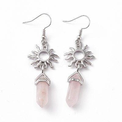 Natural Rose Quartz Bullet with Sun Dangle Earrings EJEW-I276-01P-19-1