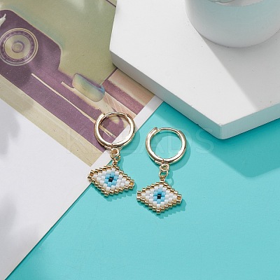 Japanese Seed Braided Rhombus with Evil Eye Dangle Hoop Earrings EJEW-MZ00002-01-1