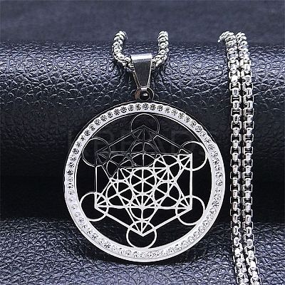 Crystal Rhinestone Flat Round with Hexgon Pendant Necklace with 201 Stainless Steel Box Chains NJEW-K253-11P-1