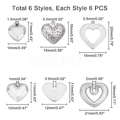 36Pcs 6 Styles 304 Stainless Steel Stamping Blank Tag Charms STAS-UN0020-70P-1