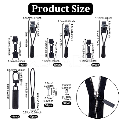 30 Sets 3 Styles Plastic & Nylon Detachable Zipper Slider Puller FIND-NB0005-60-1