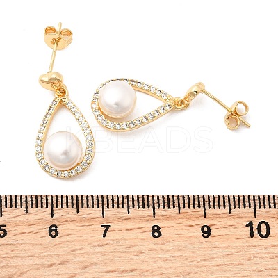Teardrop with Round Brass Micro Pave Clear Cubic Zirconia Dangle Stud Earrings EJEW-A135-19G-1