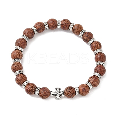 3Pcs 3 Colors Natural Wood Round Beadeed Stretch Bracelets Sets for Men Women BJEW-JB12355-1