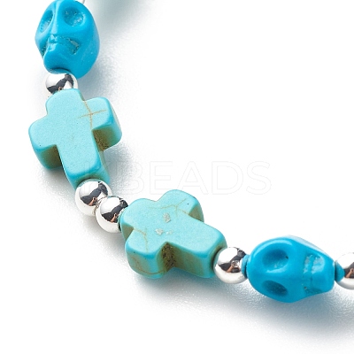 Synthetic Turquoise(Dyed) Cross & Skull Beaded Stretch Bracelet BJEW-JB08451-04-1