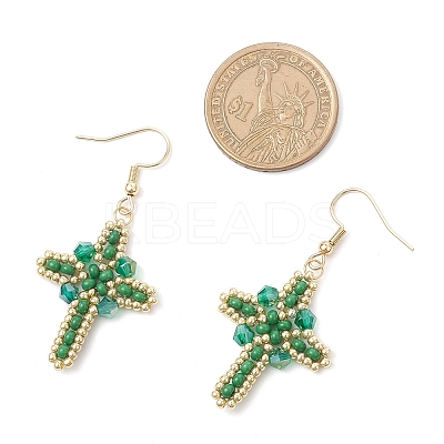 304 Stainless Steel Glass Seeds Cross Dangle Earrings EJEW-MZ00506-07-1