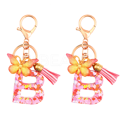 Fashion Alphabet Initial Letter Resin Keychain with Tassel Gradient Butterfly Pendant Key Ring KEYC-WH0027-105B-1