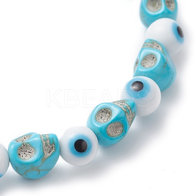 Halloween Dyed Synthetic Turquoise Skull & Lampwork Evil Eye Round Beaded Stretch Bracelets for Women Men BJEW-JB12268-02-1