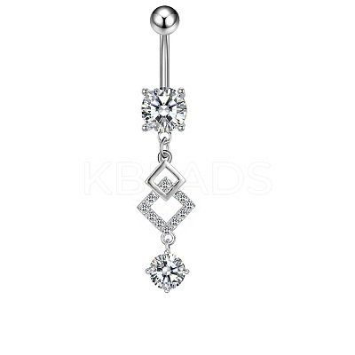 304 Stainless Steel Pave Clear Cubic Zirconia Curved Barbell Rhombus Dangle Belly Rings FS-WGF29F0-09-1