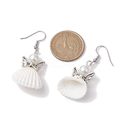 Angel Spiral Shell & Glass Pearl Dangle Earrings EJEW-JE05838-1