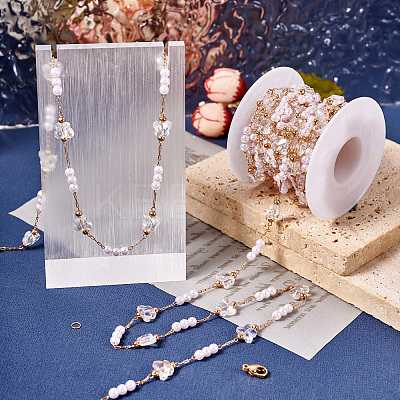 DIY Brass Glass Butterfly and Plastic Imitation Pearl Beaded Chains Necklace Jewelry Kits DIY-TA0010-49-1